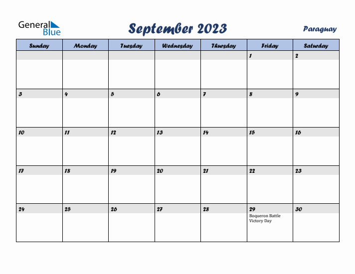 September 2023 Calendar with Holidays in Paraguay