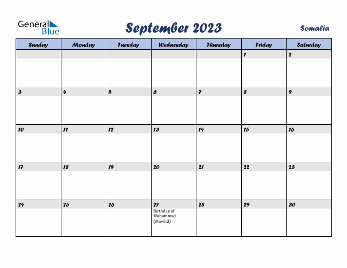 September 2023 Calendar with Holidays in Somalia