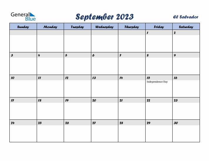 September 2023 Calendar with Holidays in El Salvador