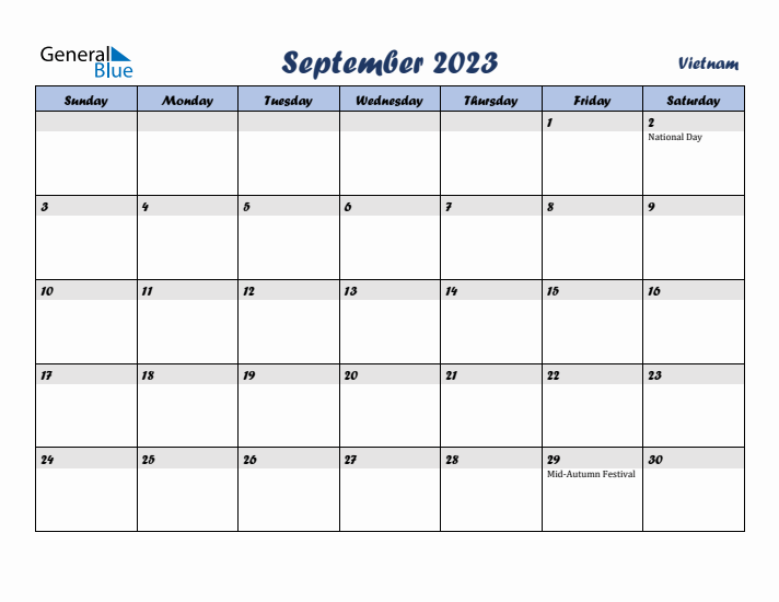 September 2023 Calendar with Holidays in Vietnam