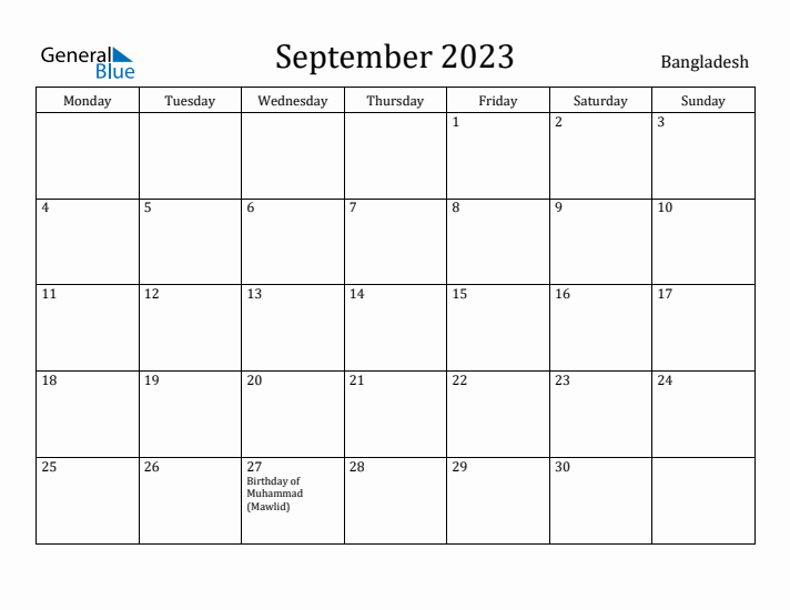 September 2023 Calendar Bangladesh