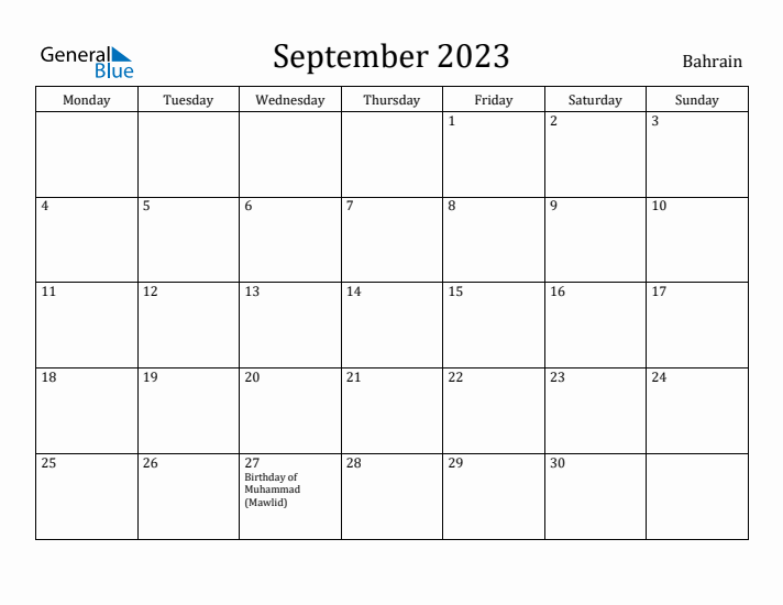 September 2023 Calendar Bahrain