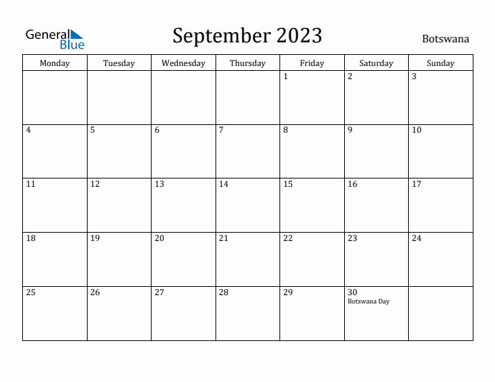 September 2023 Calendar Botswana