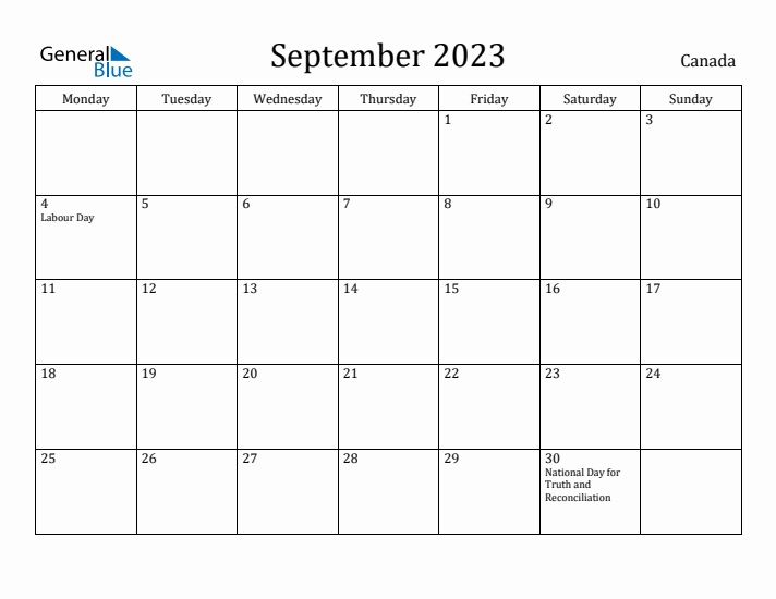 September 2023 Calendar Canada