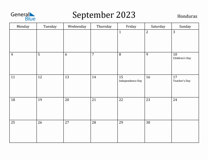 September 2023 Calendar Honduras