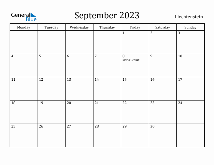 September 2023 Calendar Liechtenstein