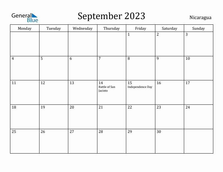 September 2023 Calendar Nicaragua