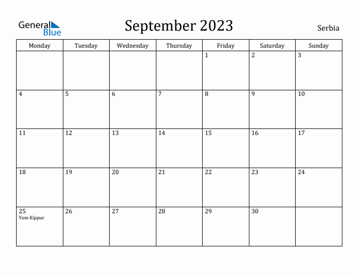 September 2023 Calendar Serbia