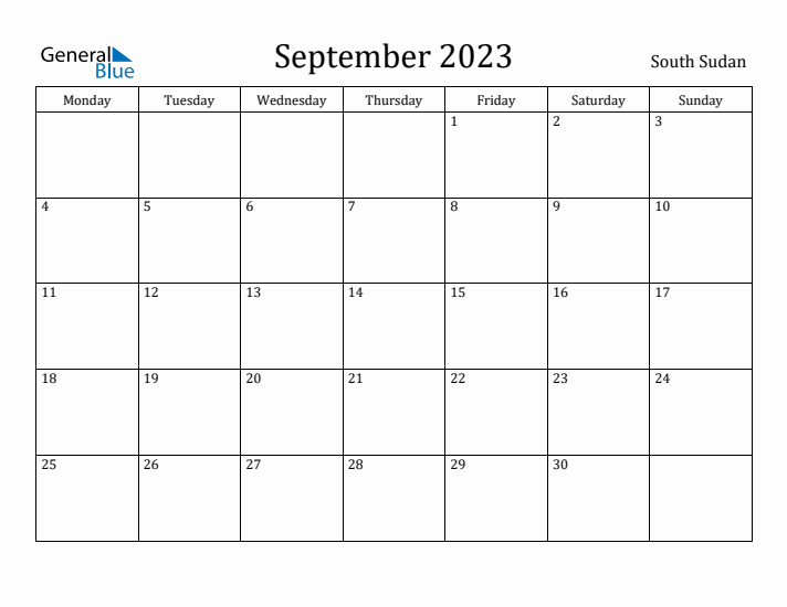 September 2023 Calendar South Sudan