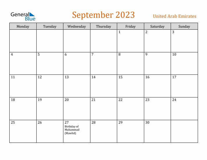 September 2023 Holiday Calendar with Monday Start