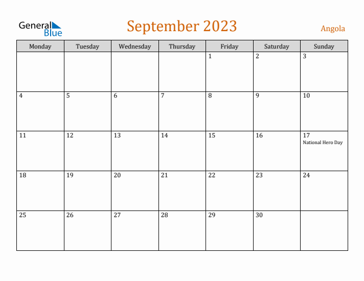 September 2023 Holiday Calendar with Monday Start