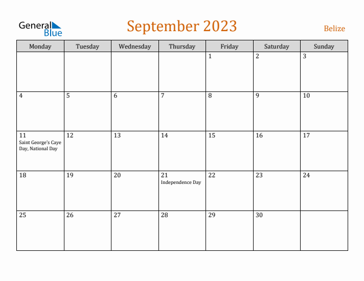 September 2023 Holiday Calendar with Monday Start