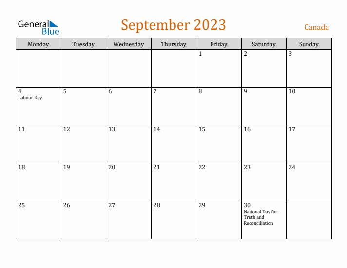 September 2023 Holiday Calendar with Monday Start