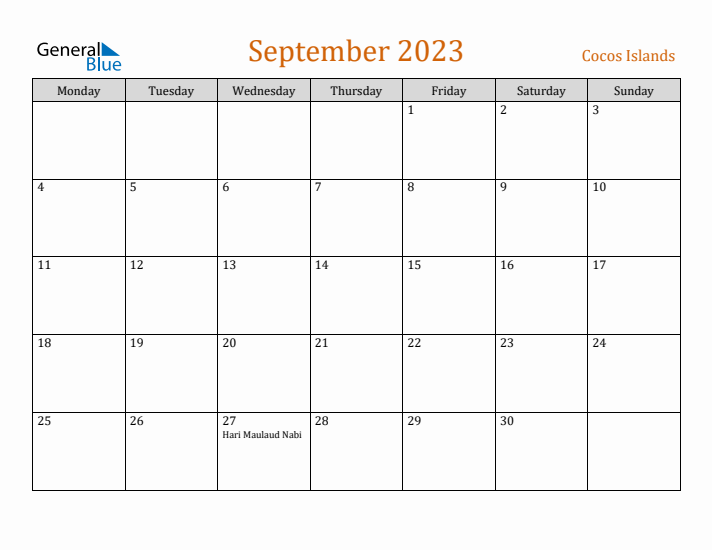 September 2023 Holiday Calendar with Monday Start