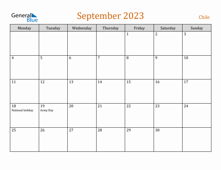 September 2023 Holiday Calendar with Monday Start