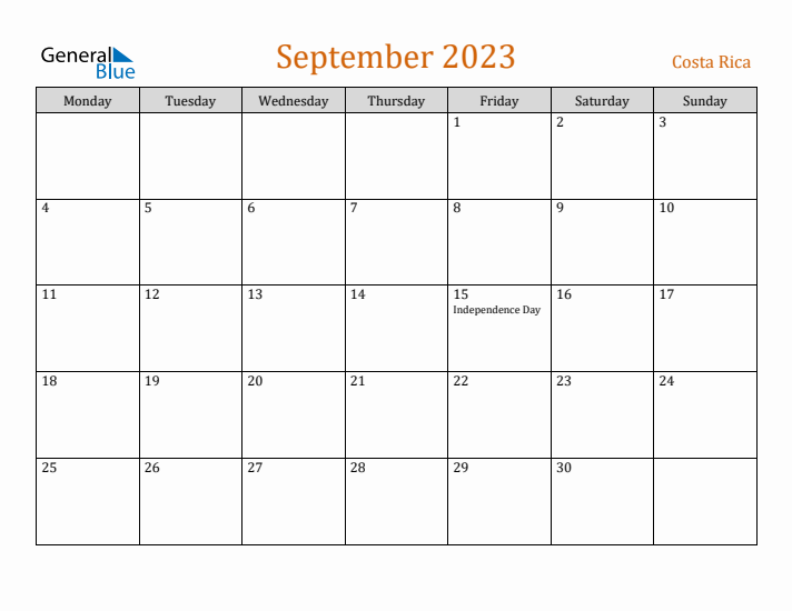 September 2023 Holiday Calendar with Monday Start