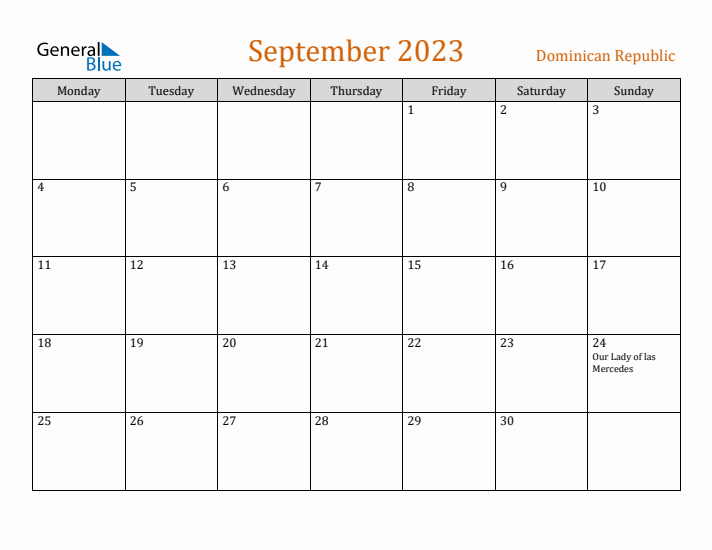 September 2023 Holiday Calendar with Monday Start