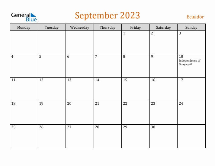 September 2023 Holiday Calendar with Monday Start