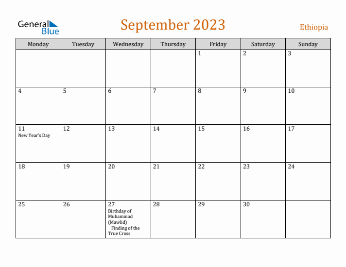 September 2023 Holiday Calendar with Monday Start