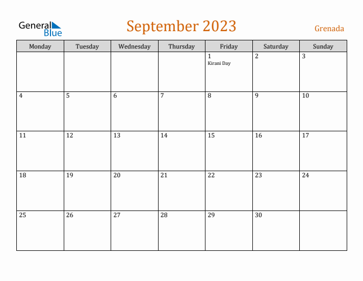 September 2023 Holiday Calendar with Monday Start