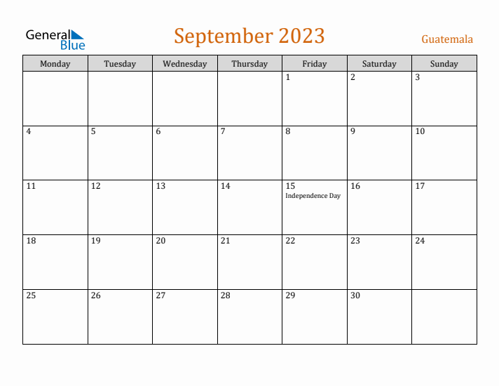 September 2023 Holiday Calendar with Monday Start