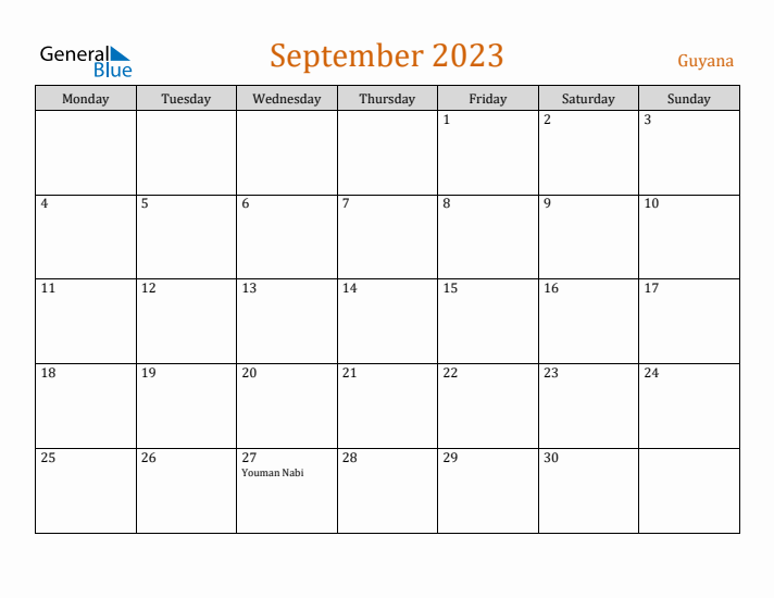 September 2023 Holiday Calendar with Monday Start