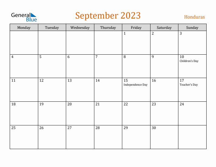 September 2023 Holiday Calendar with Monday Start