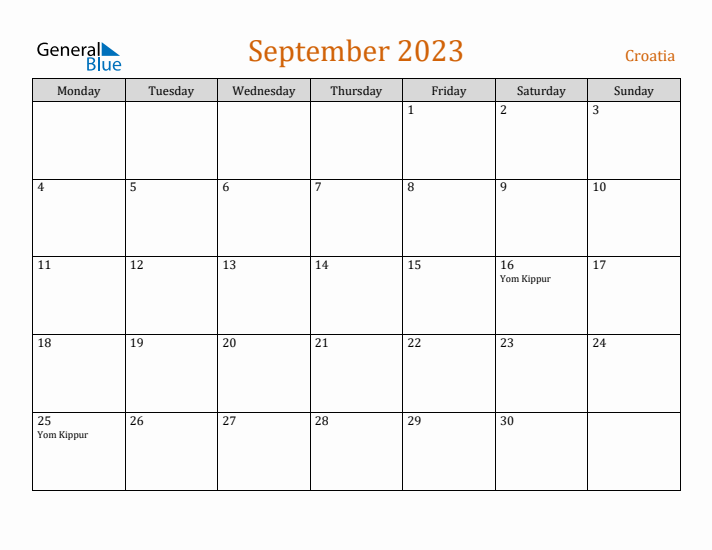 September 2023 Holiday Calendar with Monday Start