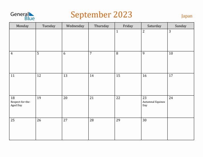 September 2023 Holiday Calendar with Monday Start