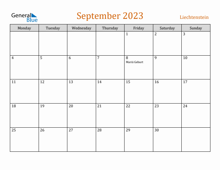 September 2023 Holiday Calendar with Monday Start