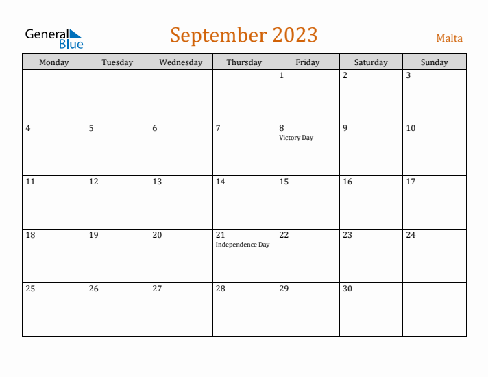 September 2023 Holiday Calendar with Monday Start