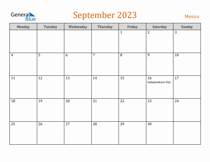 September 2023 Holiday Calendar with Monday Start