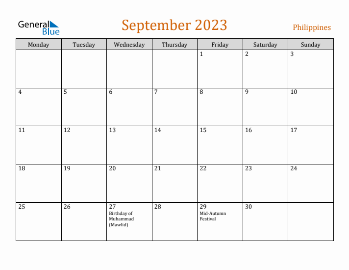 September 2023 Holiday Calendar with Monday Start