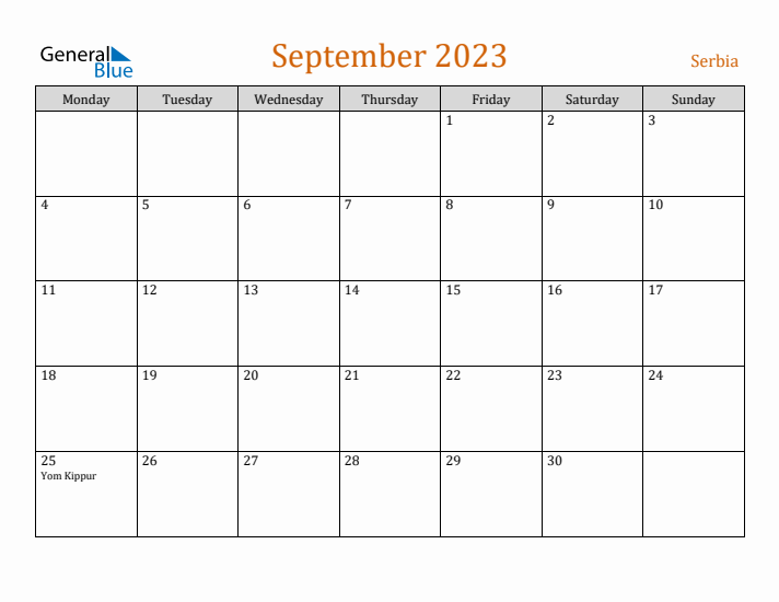 September 2023 Holiday Calendar with Monday Start