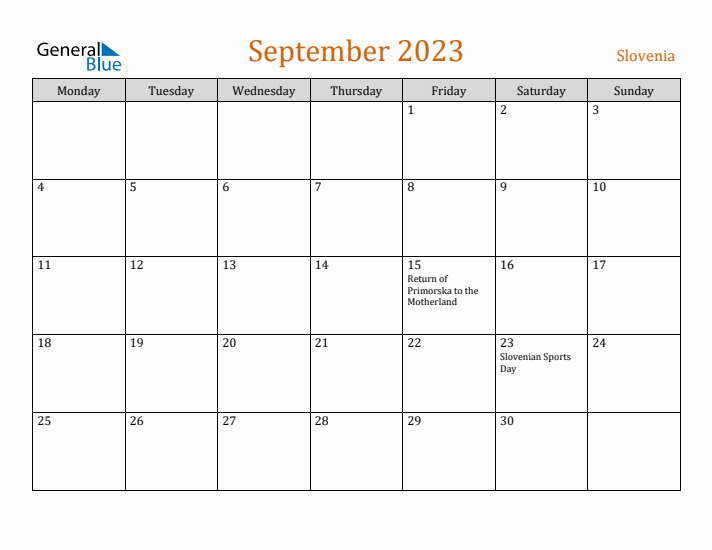 September 2023 Holiday Calendar with Monday Start