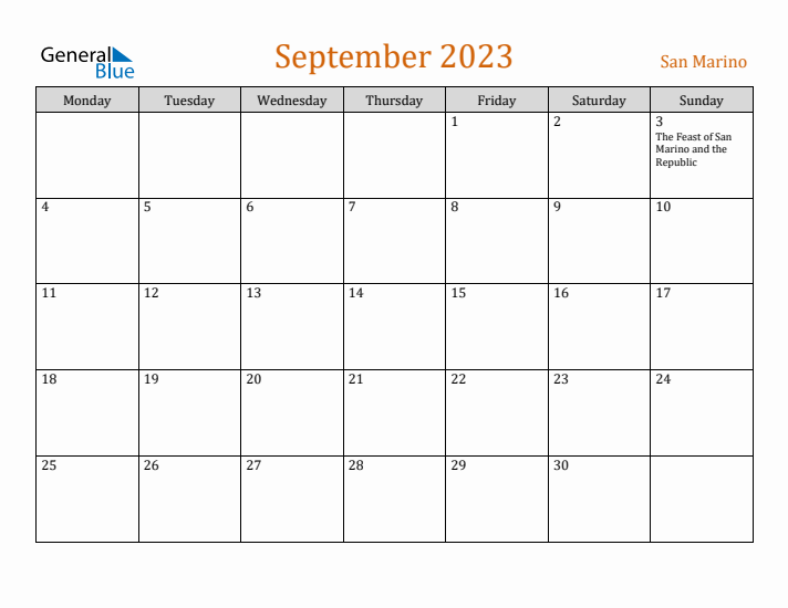 September 2023 Holiday Calendar with Monday Start