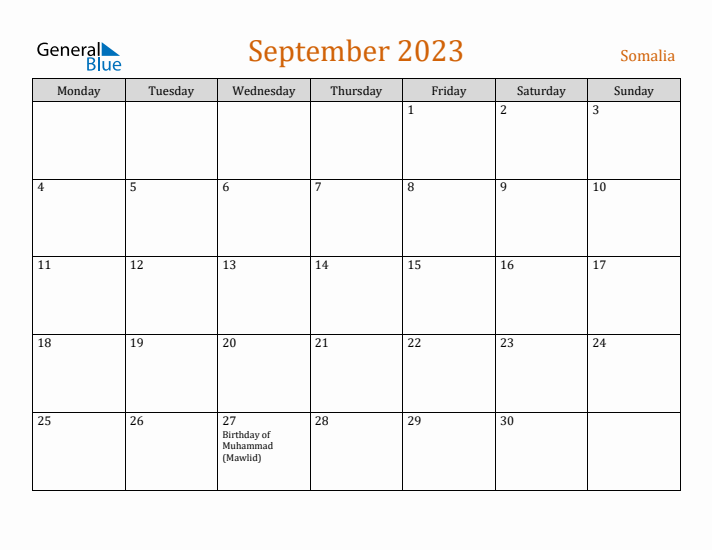 September 2023 Holiday Calendar with Monday Start