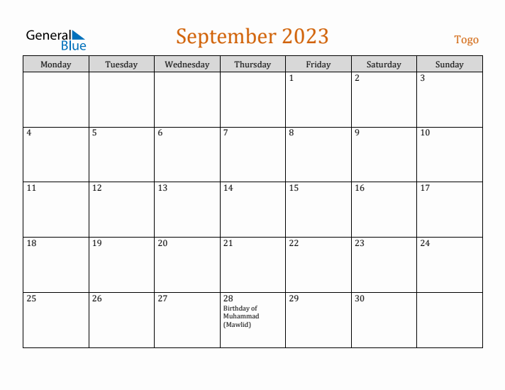 September 2023 Holiday Calendar with Monday Start