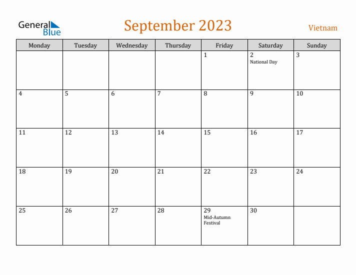 September 2023 Holiday Calendar with Monday Start