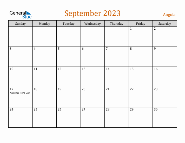 September 2023 Holiday Calendar with Sunday Start