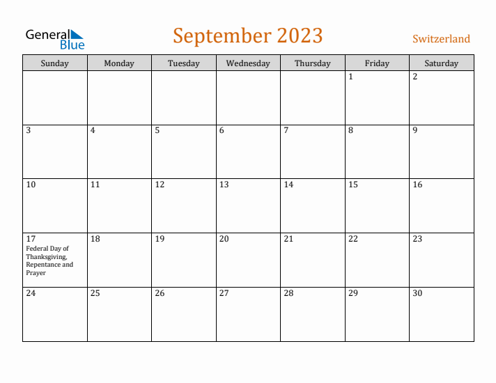 September 2023 Holiday Calendar with Sunday Start