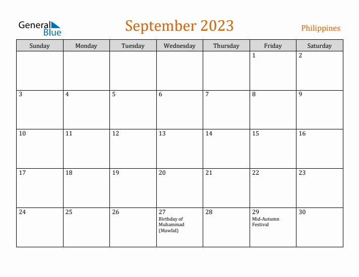 September 2023 Holiday Calendar with Sunday Start