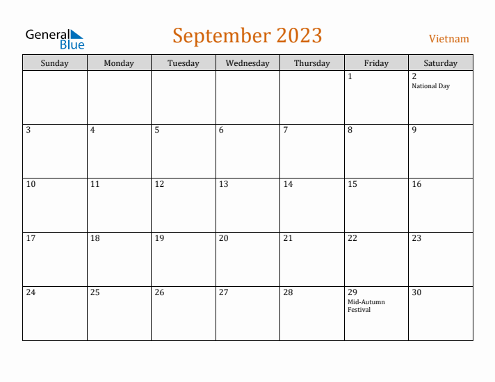 September 2023 Holiday Calendar with Sunday Start