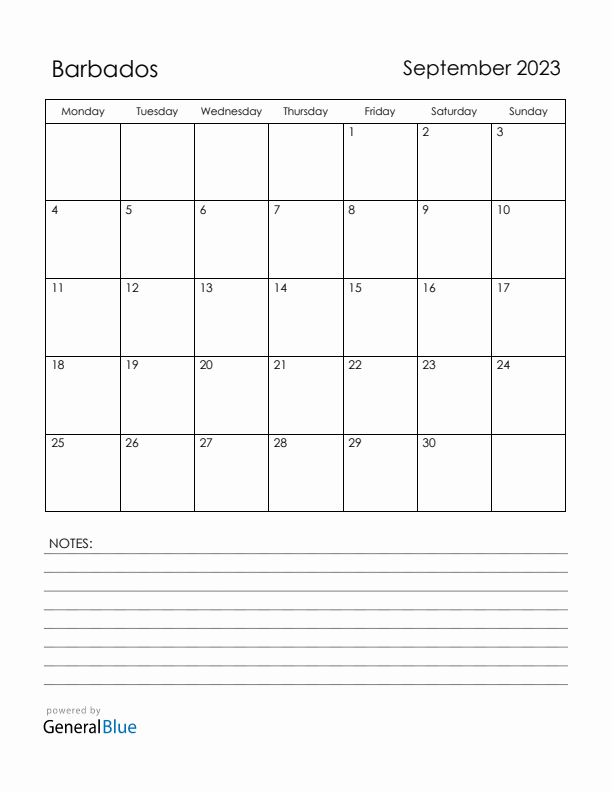 September 2023 Barbados Calendar with Holidays (Monday Start)