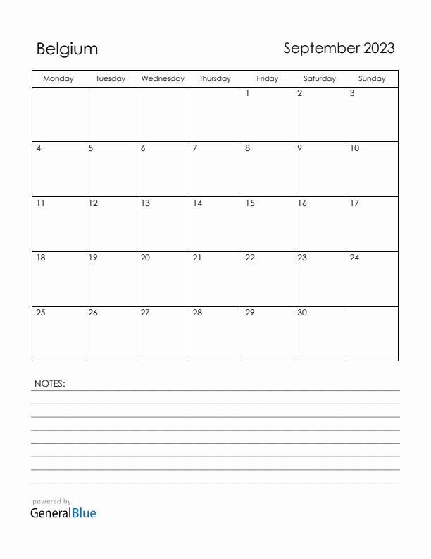 September 2023 Belgium Calendar with Holidays (Monday Start)