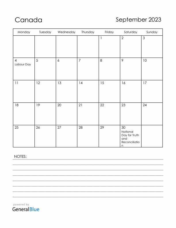 September 2023 Canada Calendar with Holidays (Monday Start)