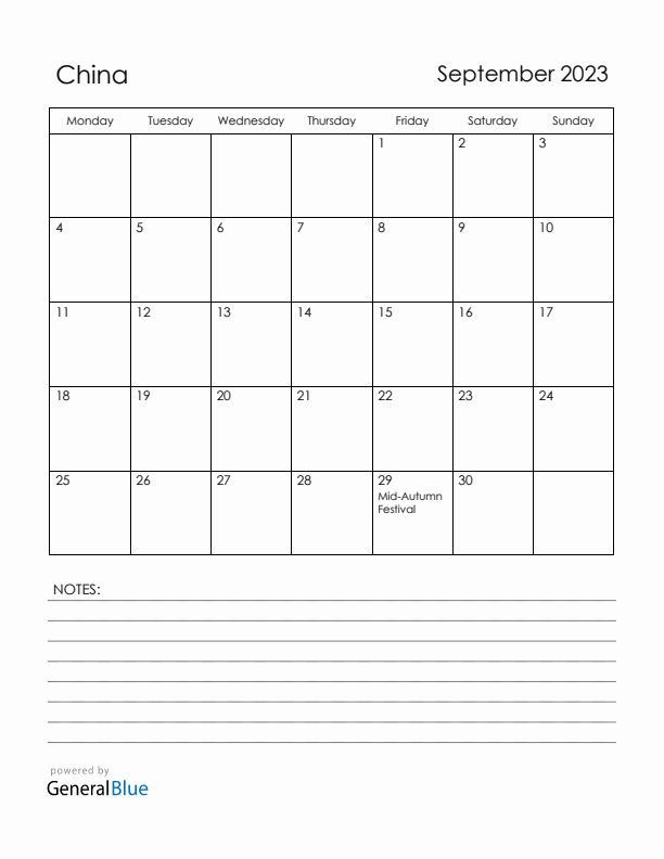 September 2023 China Calendar with Holidays (Monday Start)