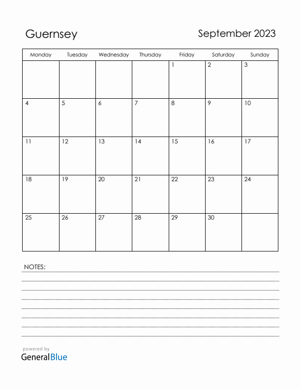 September 2023 Guernsey Calendar with Holidays (Monday Start)