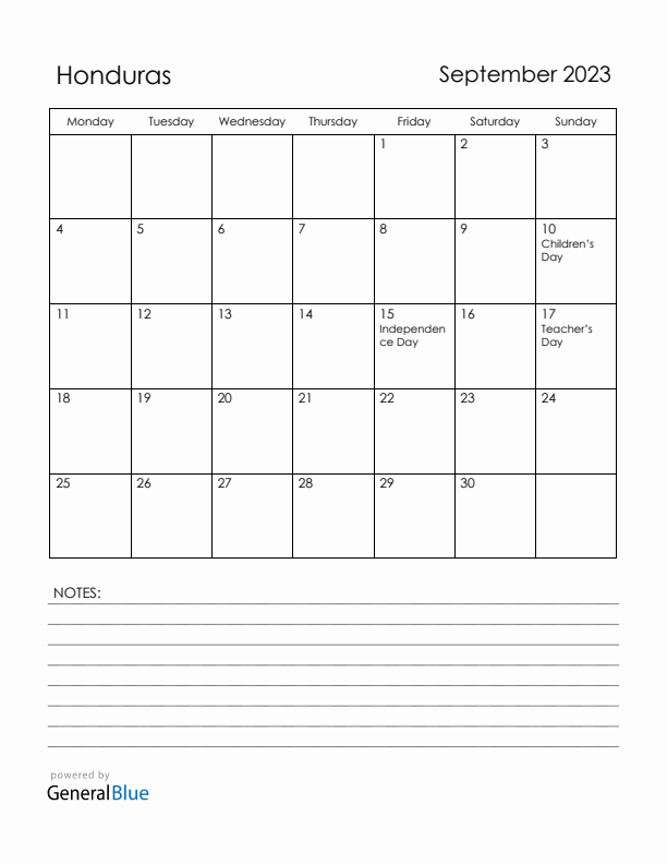 September 2023 Honduras Calendar with Holidays (Monday Start)