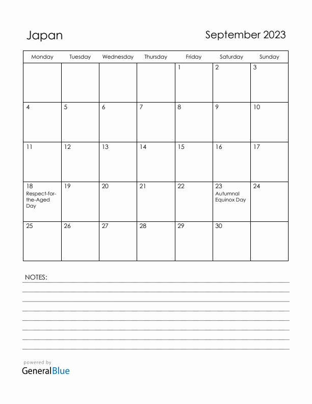 September 2023 Japan Calendar with Holidays (Monday Start)
